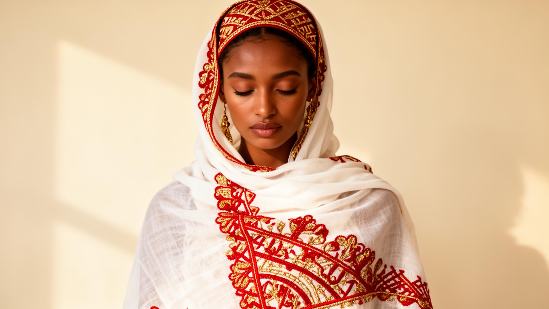 Woman wearing a traditional Habesha netela with red and gold tibeb embroidery
